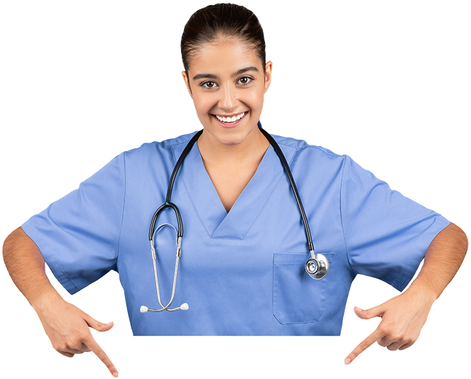 Smiling nurse pointing downward, wearing stethoscope.