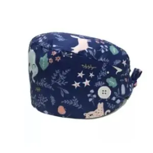 Navy blue scrub cap with cute animal and star patterns.