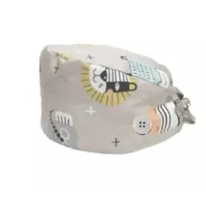 A gray baby hat with animal prints in soft colors.