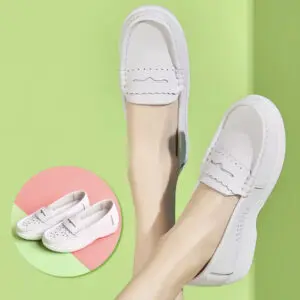 White loafers on feet with green background and inset of shoe pair.