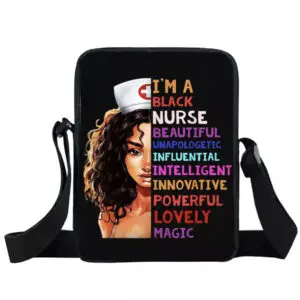 Black nurse with empowering words on bag.