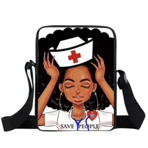 Illustration of a nurse with a stethoscope and nurse cap on a bag.