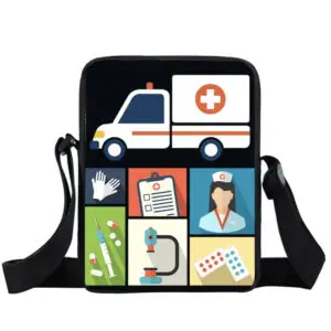 A medical-themed crossbody bag with ambulance and healthcare icons.