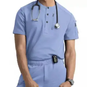 Medical professional wearing blue scrubs with a stethoscope.