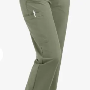 Slim-fit olive green pants with side pocket zipper detail.