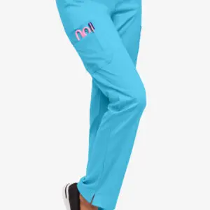 Bright blue pants with pink and white embroidered design on the thigh.