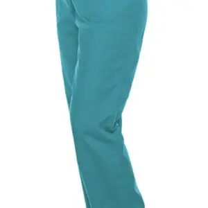 Teal blue scrub pants with a straight fit, worn for medical professionals.