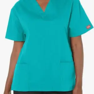 Teal medical scrub top with short sleeves and two front pockets.