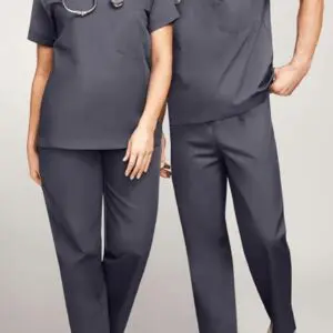 Two people wearing matching dark gray medical scrubs.