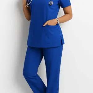Medical professional wearing blue scrubs with stethoscope.