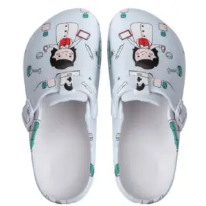 White clogs with cute cartoon penguin and child designs.