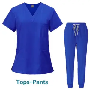 Blue medical scrubs set with top and pants.