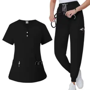 Black medical scrub set with a button-up top and drawstring pants.