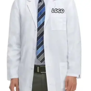 Person wearing a white lab coat with a tie and shirt.