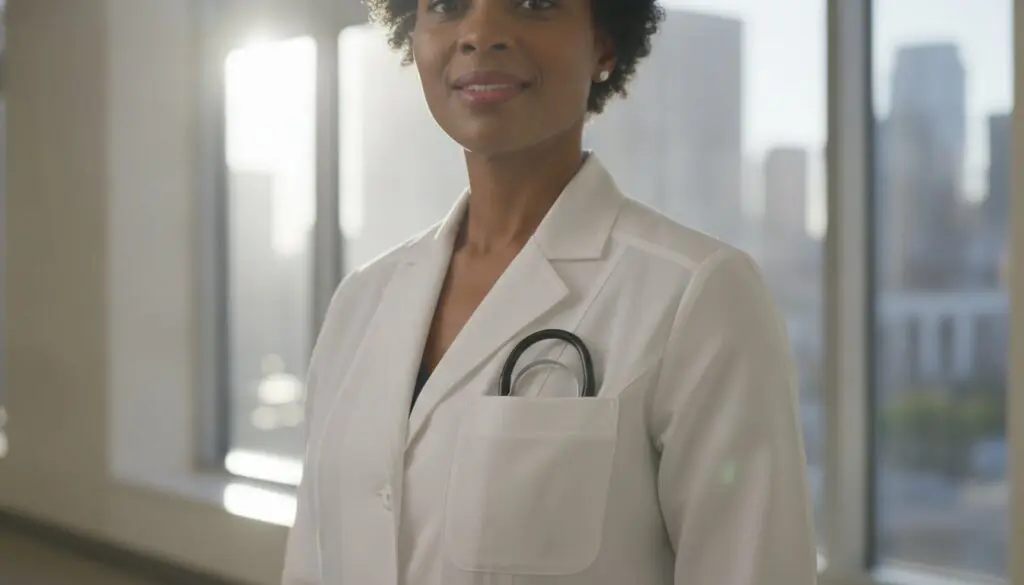 Doctor in tailored white lab coat with stethoscope