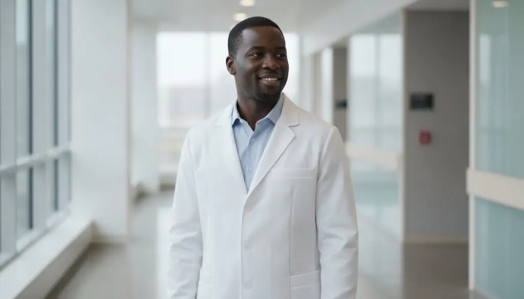 Healthcare professional smiling in white lab coat