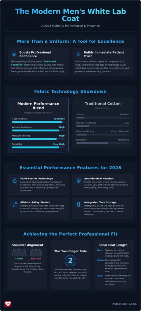 Infographic comparing modern lab coat features and fit